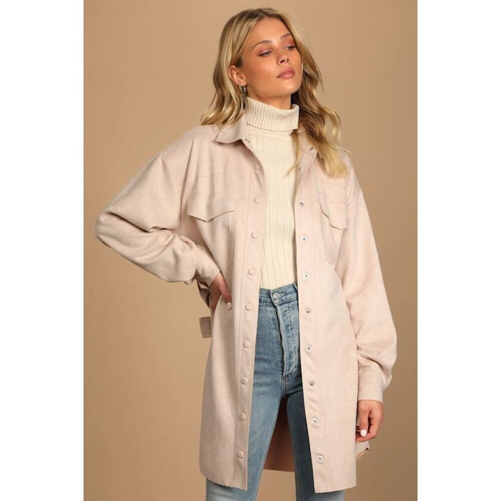 Lulus Fashionable Find Blush Suede Belted Trench Coat Pink - Size M